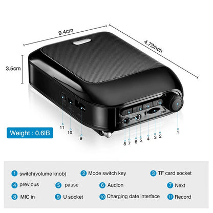 Bluetooth Wireless Voice Amplifier Portable Microphone Speaker for Teaching and Tours