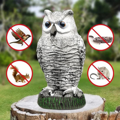 Owl Shaped Bird Deterrent Statue with Rotating Head and Light Features