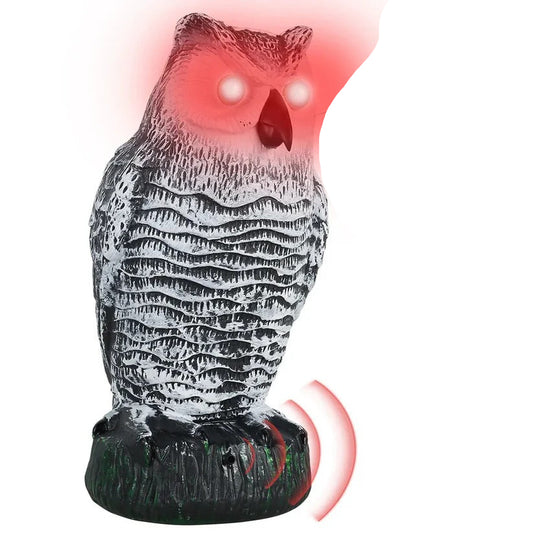 Owl Shaped Bird Deterrent Statue with Rotating Head and Light Features