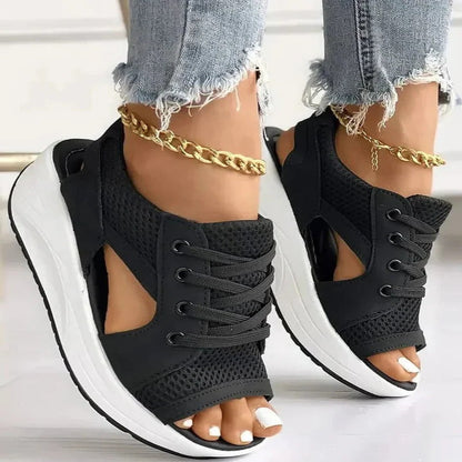 Lace Up Platform Sandals with Memory Foam Footbed and Cutout Style