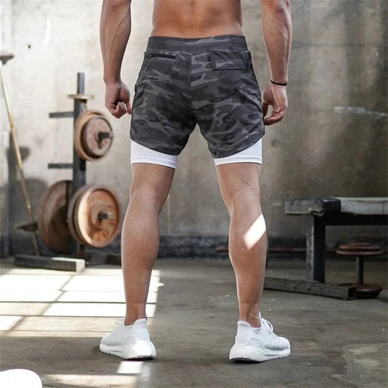 2 in 1 Camo Athletic Shorts with Inner Compression Layer for Men