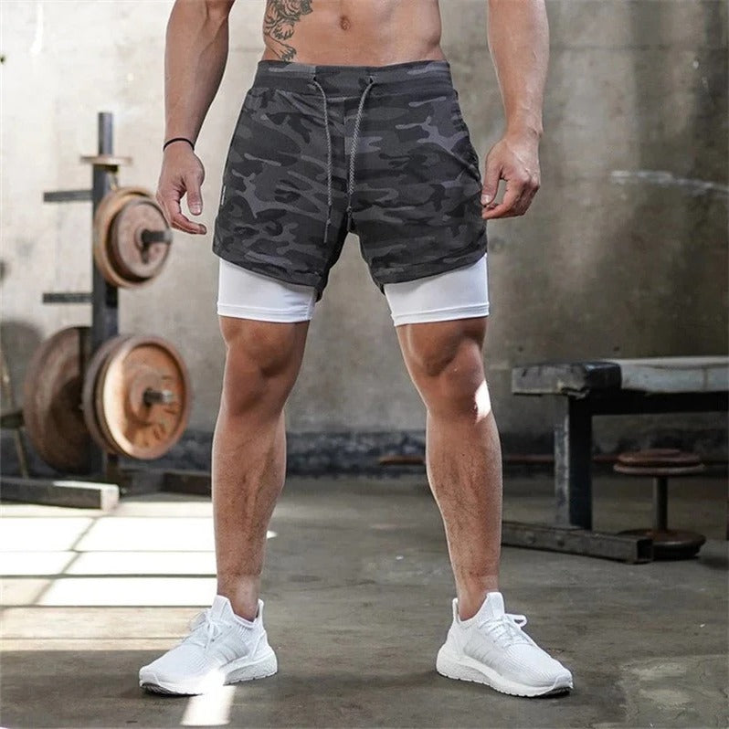 2 in 1 Camo Athletic Shorts with Inner Compression Layer for Men
