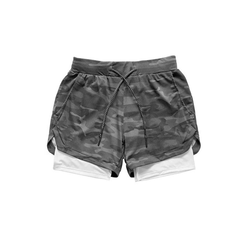 2 in 1 Camo Athletic Shorts with Inner Compression Layer for Men