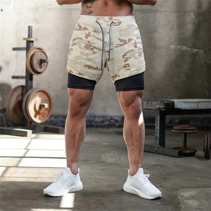 2 in 1 Camo Athletic Shorts with Inner Compression Layer for Men