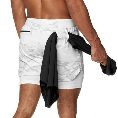 2 in 1 Camo Athletic Shorts with Inner Compression Layer for Men