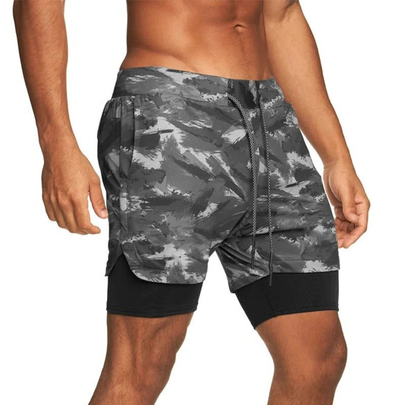 2 in 1 Camo Athletic Shorts with Inner Compression Layer for Men