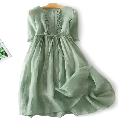 Cotton Linen Dress with Ruffle Detail for Women