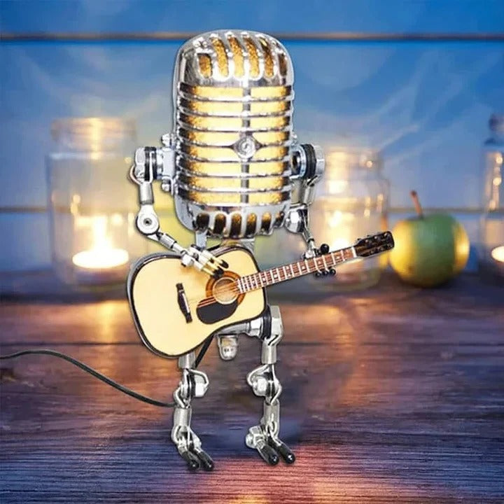 Vintage Robot Lamp with Metal Microphone and Guitar