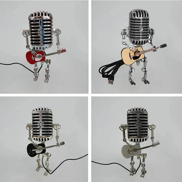 Vintage Robot Lamp with Metal Microphone and Guitar