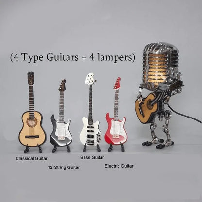 Vintage Robot Lamp with Metal Microphone and Guitar