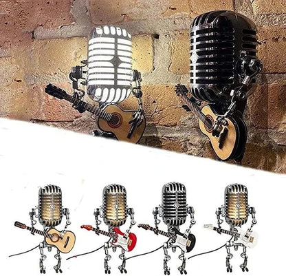 Vintage Robot Lamp with Metal Microphone and Guitar
