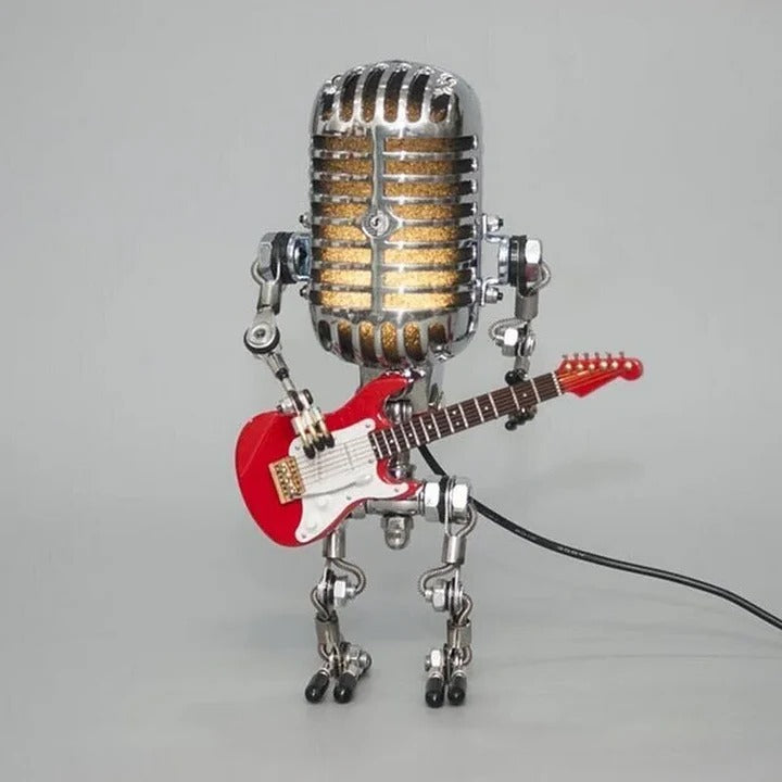 Vintage Robot Lamp with Metal Microphone and Guitar