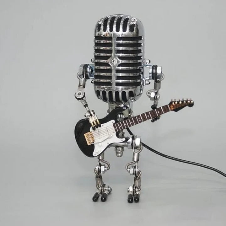 Vintage Robot Lamp with Metal Microphone and Guitar