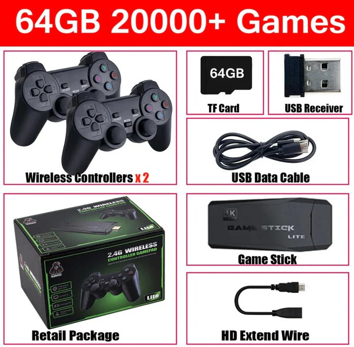 HDMI Game Console Stick with 64GB Storage and 2 Wireless Controllers