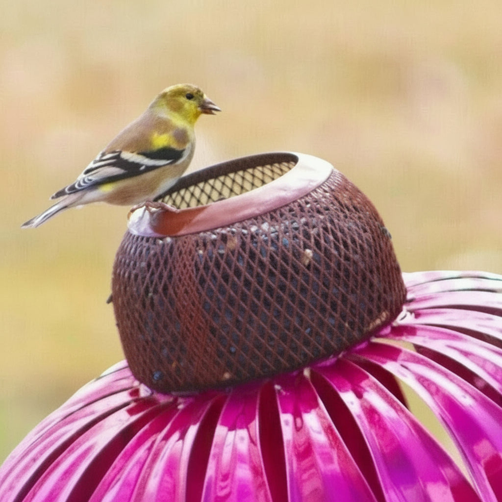 Metal Bird Feeder with Coneflower Design for Garden
