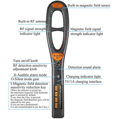 Portable RF Bug Detector with Sound, Light, and Vibration Alerts