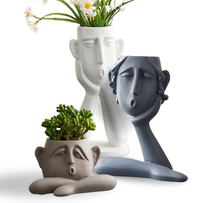 Face Shaped Plant Vase Set with Modern Sculptural Design