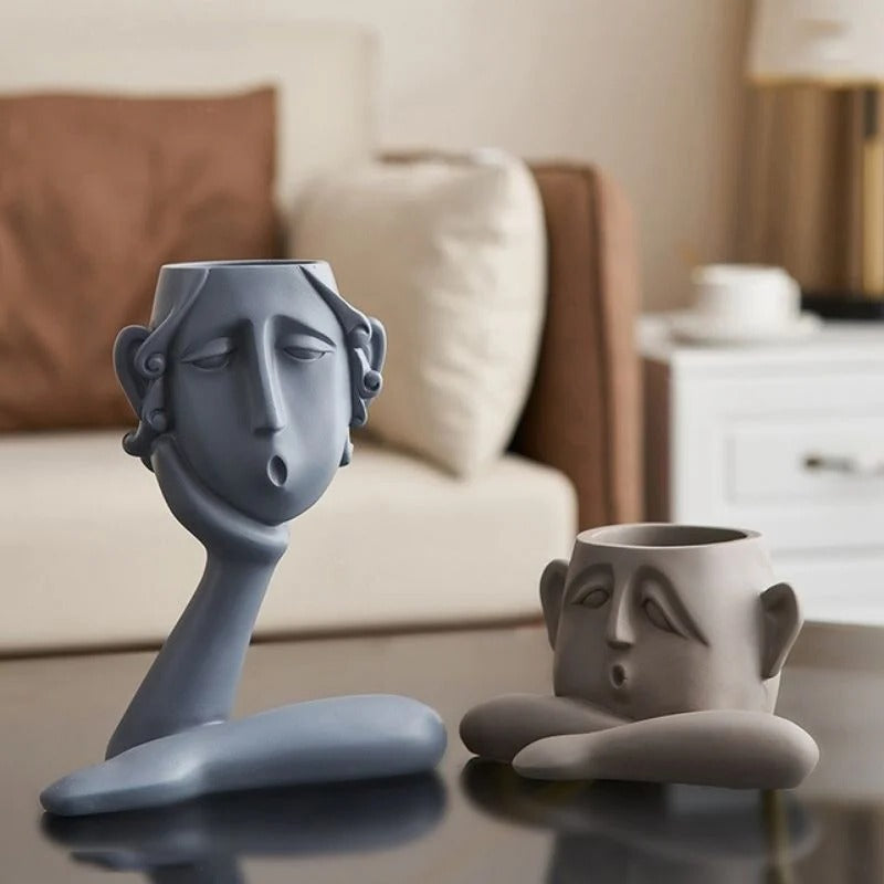 Face Shaped Plant Vase Set with Modern Sculptural Design