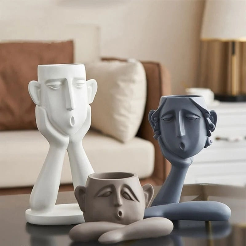 Face Shaped Plant Vase Set with Modern Sculptural Design