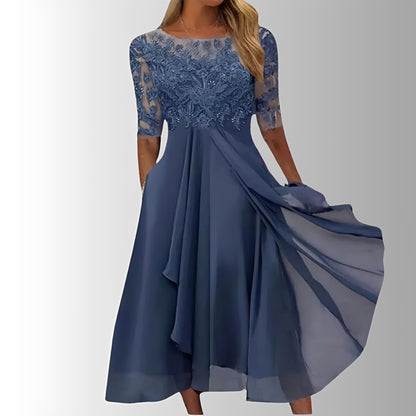 Elegant Lace Midi Dress with Flowing Skirt