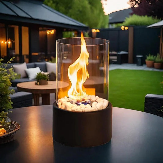 Portable Glass Cylinder Fireplace with Snuffer Tool