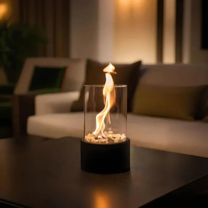 Portable Glass Cylinder Fireplace with Snuffer Tool