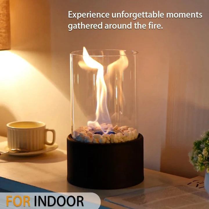 Portable Glass Cylinder Fireplace with Snuffer Tool