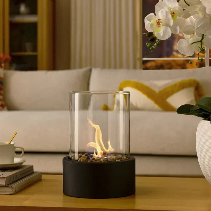 Portable Glass Cylinder Fireplace with Snuffer Tool