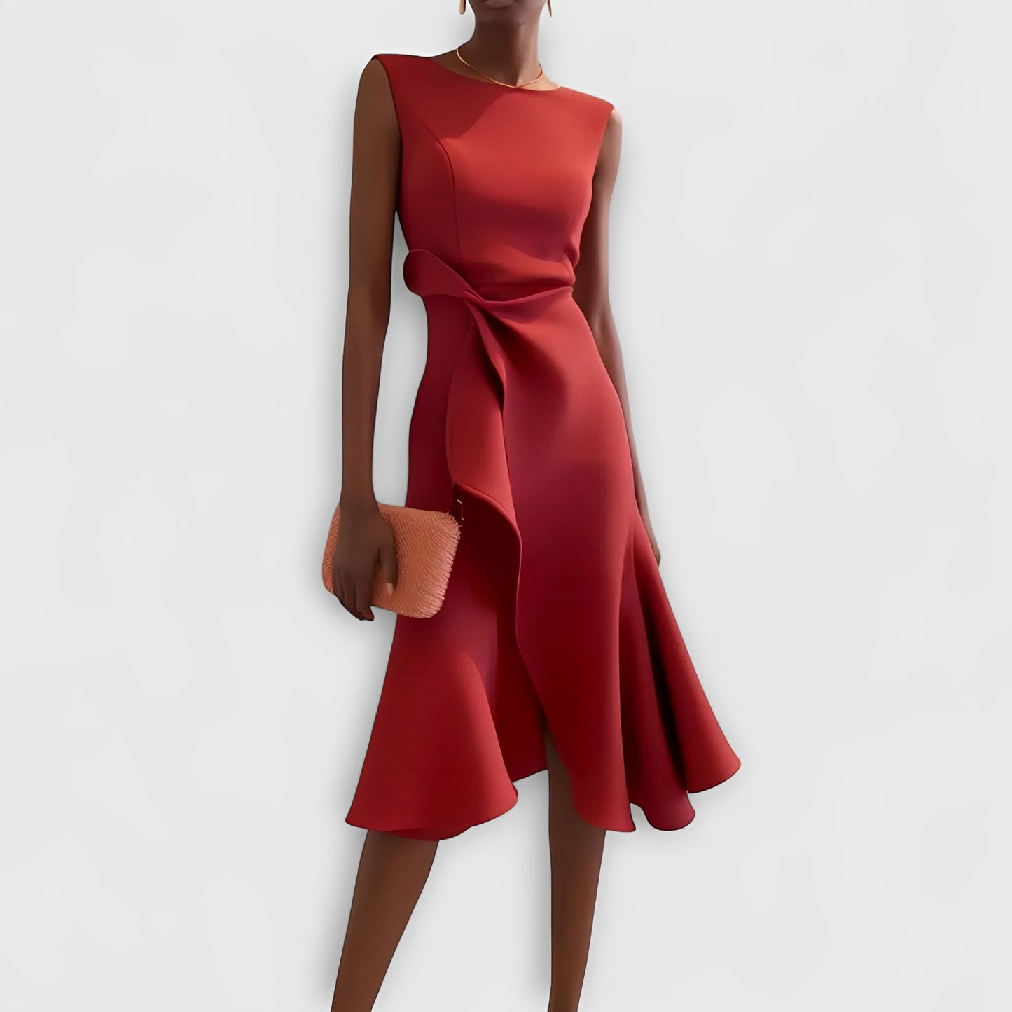 Asymmetric Draped Midi Dress with Layered Hem Design