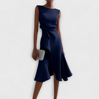 Asymmetric Draped Midi Dress with Layered Hem Design