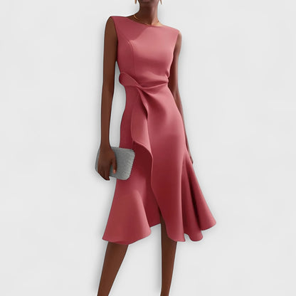 Asymmetric Draped Midi Dress with Layered Hem Design