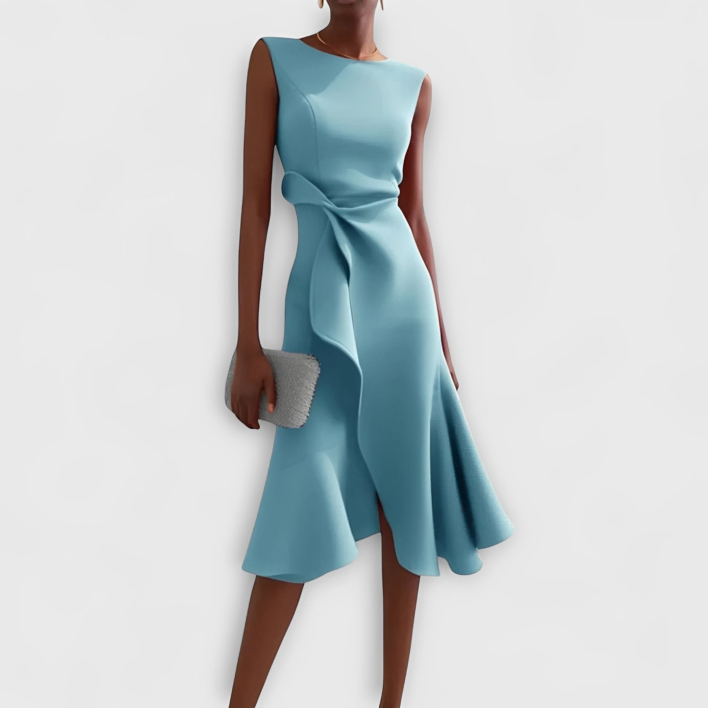 Asymmetric Draped Midi Dress with Layered Hem Design