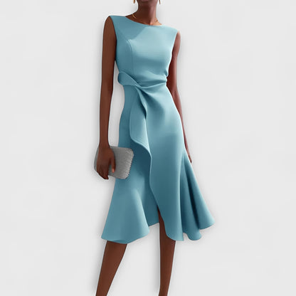 Asymmetric Draped Midi Dress with Layered Hem Design