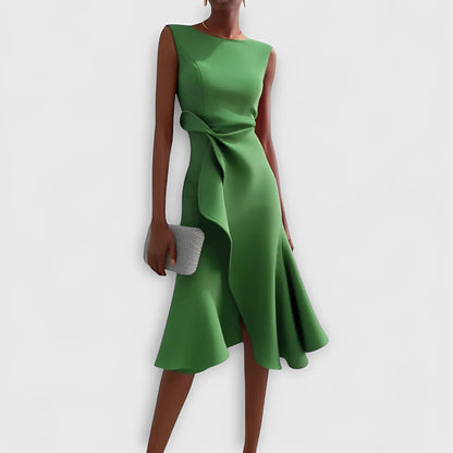 Asymmetric Draped Midi Dress with Layered Hem Design