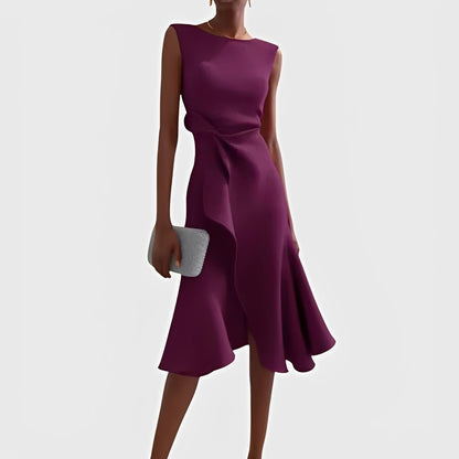 Asymmetric Draped Midi Dress with Layered Hem Design