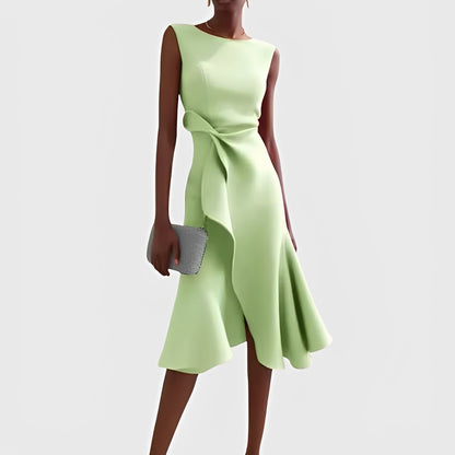 Asymmetric Draped Midi Dress with Layered Hem Design