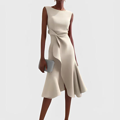Asymmetric Draped Midi Dress with Layered Hem Design