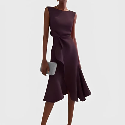Asymmetric Draped Midi Dress with Layered Hem Design