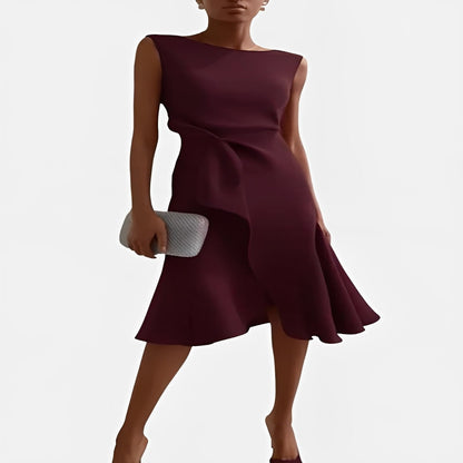 Asymmetric Draped Midi Dress with Layered Hem Design