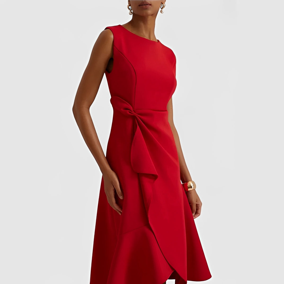 Asymmetric Draped Midi Dress with Layered Hem Design