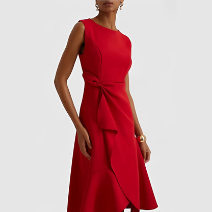 Asymmetric Draped Midi Dress with Layered Hem Design