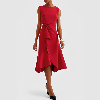 Asymmetric Draped Midi Dress with Layered Hem Design