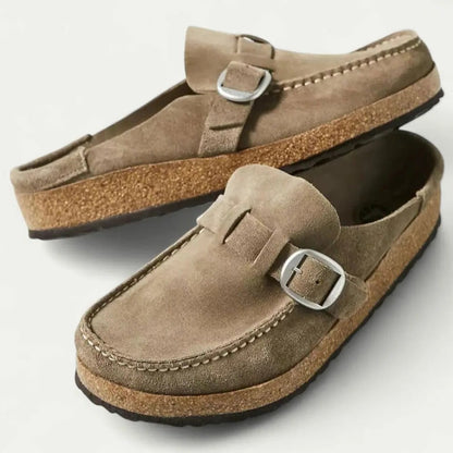 Womens Suede Slip-On Mules with Adjustable Buckle Strap Detail