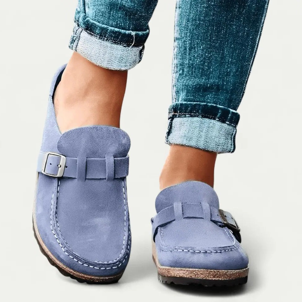 Womens Suede Slip-On Mules with Adjustable Buckle Strap Detail