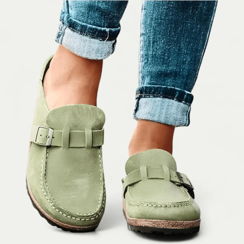Womens Suede Slip-On Mules with Adjustable Buckle Strap Detail
