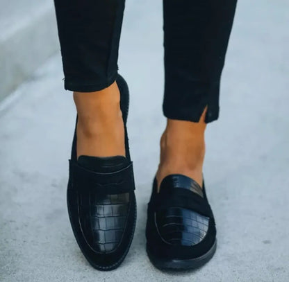 Womens Black Faux Leather Penny Loafers, Slip-On