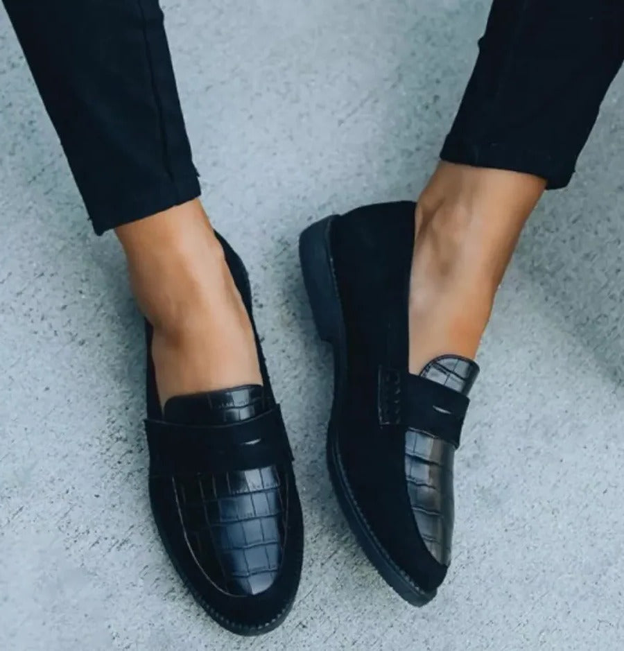Womens Black Faux Leather Penny Loafers, Slip-On