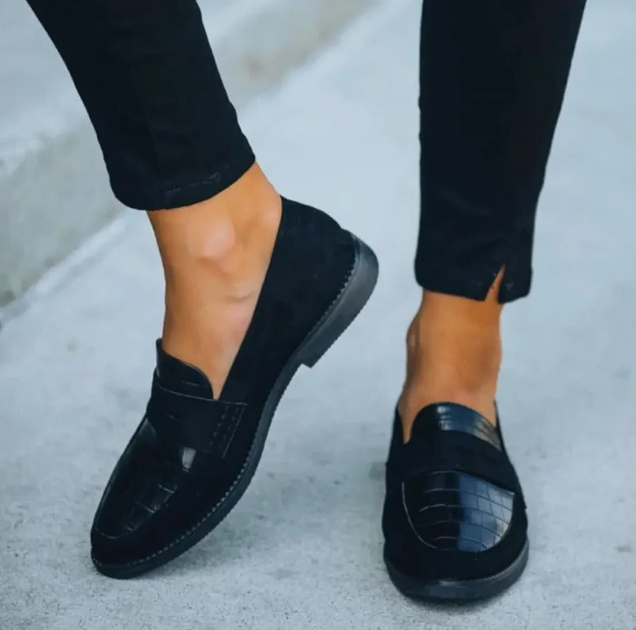 Womens Black Faux Leather Penny Loafers, Slip-On