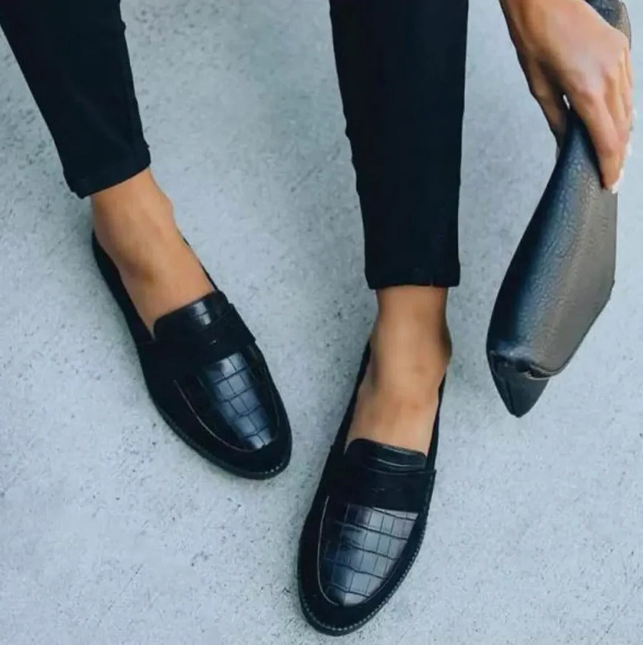 Womens Black Faux Leather Penny Loafers, Slip-On