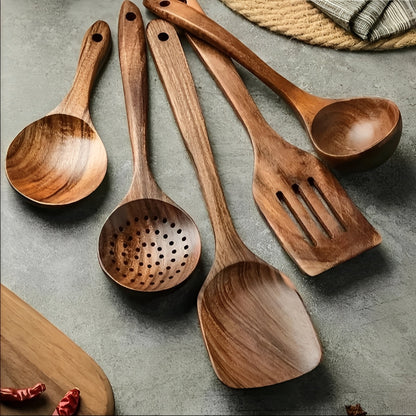 Teak Wood Kitchen Utensil Set with Ergonomic Handles